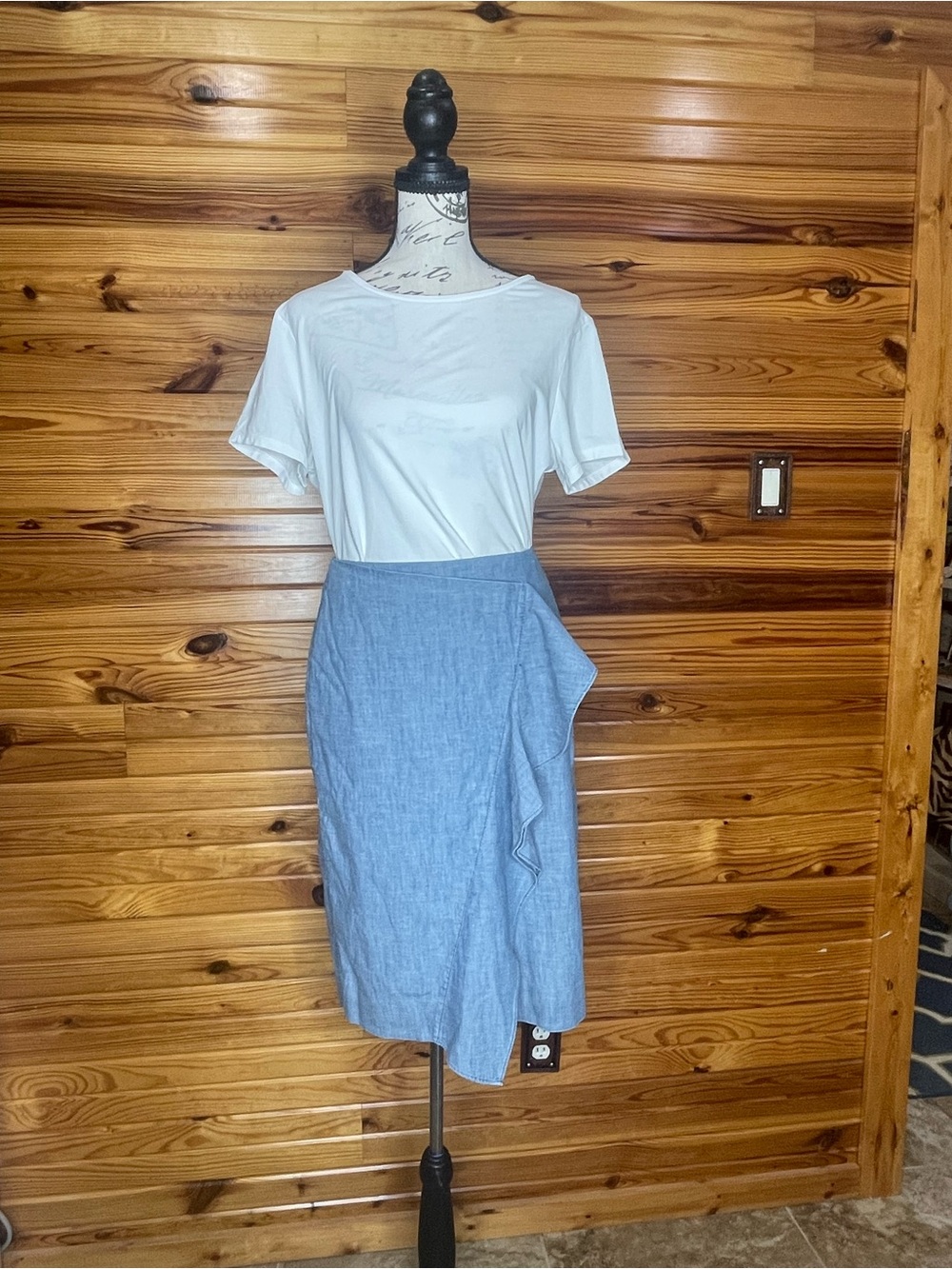 J. Crew Light Blue Chambray Midi Wrap Skirt with Ruffle Accent